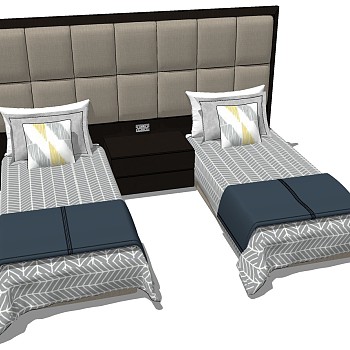 16现代商务客房简约单人床软包床头床头柜组合sketchup草图模型下载