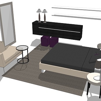 28北欧简约单人床床头柜沙发组合sketchup草图模型下载