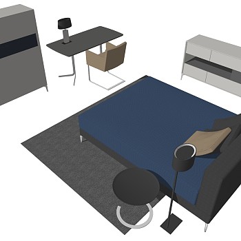 29现代北欧简约单人床床头柜落地灯组合sketchup草图模型下载