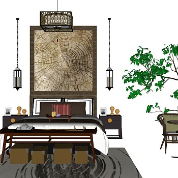18现代实木双人床床头柜吊灯户外铁艺桌椅组合sketchup草图模型下载