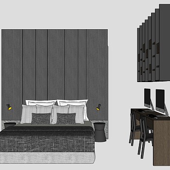 15现代简约双人床实木书桌椅sketchup草图模型下载