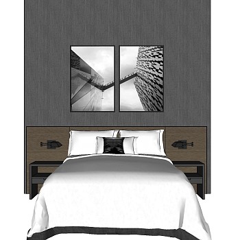 14现代单人床床头柜挂画组合sketchup草图模型下载
