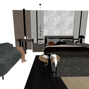 12现代简约实木双人床床头柜台灯沙发组合sketchup草图模型下载