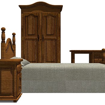 30欧式美式实木单人床床头柜衣柜组合sketchup草图模型下载
