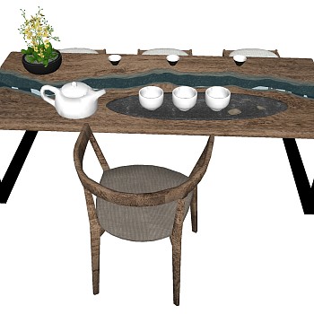 24新中式茶室实木茶台茶桌椅子茶具摆件吊灯组合sketchup草图模型下载