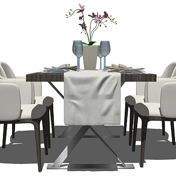 22现代北欧实木餐桌椅子餐具摆件玉兰花sketchup草图模型下载