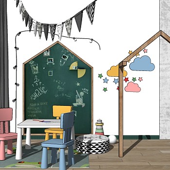 10现代儿童实木餐桌椅子黑板报墙饰云朵sketchup草图模型下载