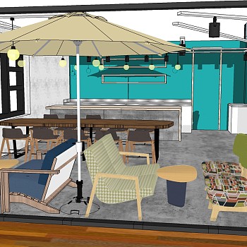 1现代简约室外户外咖啡厅单人实木桌子沙发椅子遮阳伞sketchup草图模型下载