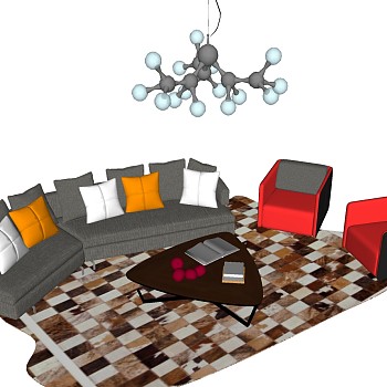 11现代简约单人沙发多人异形弧形沙发茶几吊灯组合sketchup草图模型下载