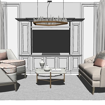 7美式法式欧式客厅单人沙发椅子双人沙发茶几吊灯橱柜组合sketchup草图模型下载
