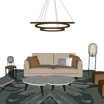 15现代简约单人沙发椅子双人沙发沙发凳茶几金属铁艺吊灯组合sketchup草图模型下载