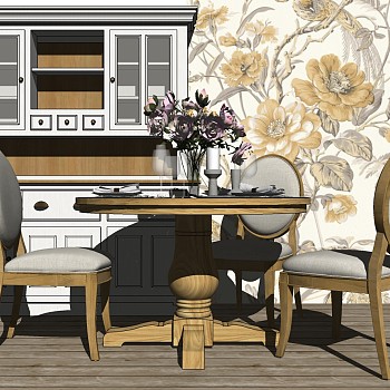 5美式欧式法式圆形实木餐桌椅花瓶橱柜厨房sketchup草图模型下载