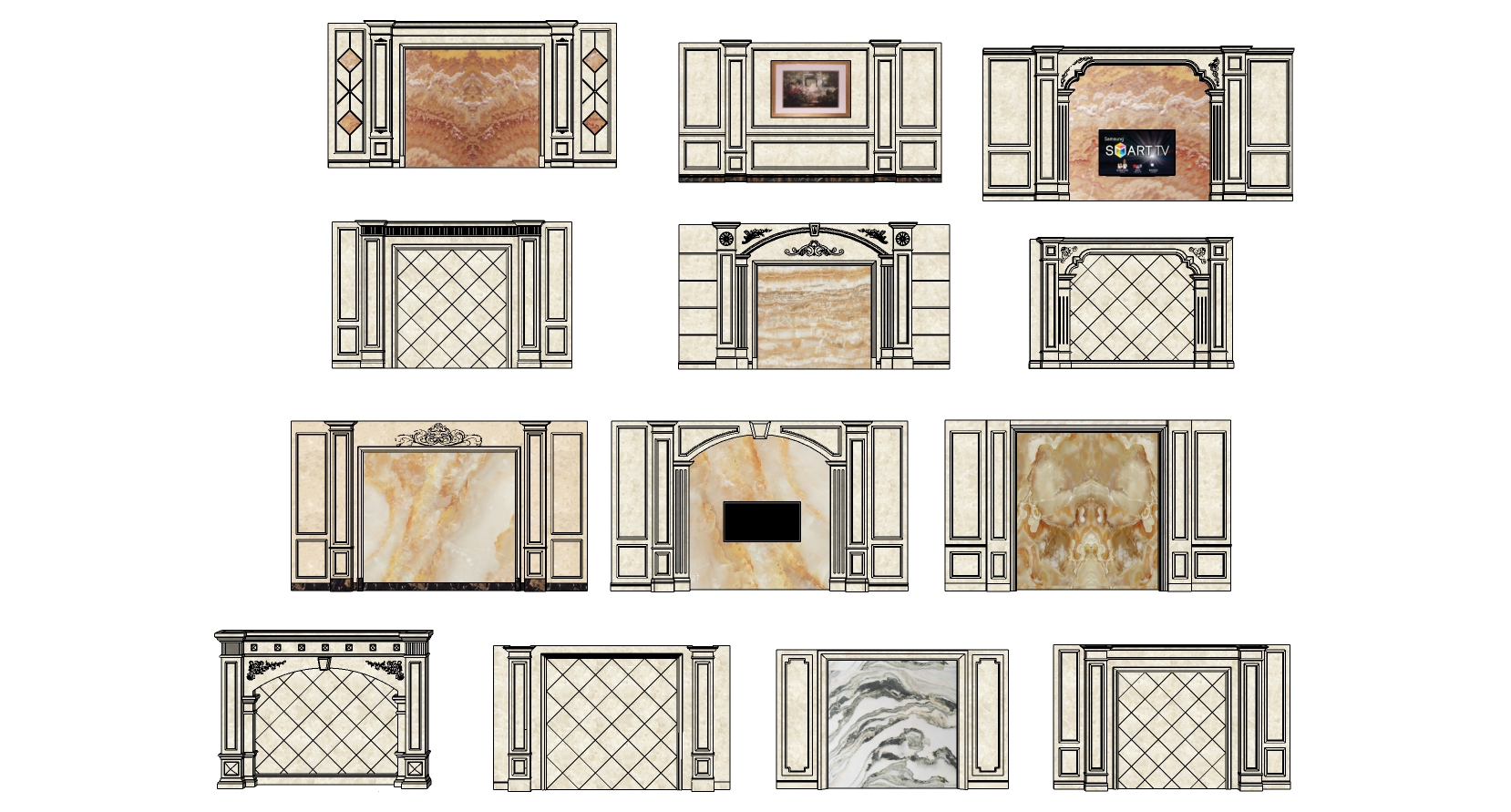 18欧式法式雕花石材拱形罗马柱造型背景墙sketchup草图模型下载- 草图 