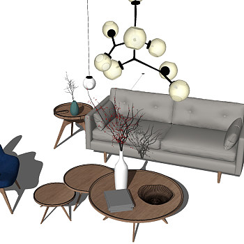 3北欧现代沙发茶几圆几边几吊灯单人休闲椅子sketchup草图模型下载