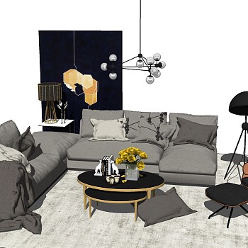 6北欧现代转角沙发茶几单人休闲椅子sketchup草图模型下载