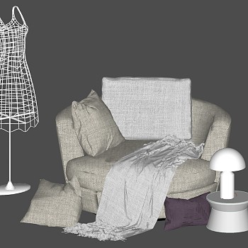 4现代单人沙发懒人休闲沙发 抱枕茶几台灯金属衣架模特sketchup草图模型下载