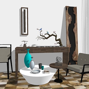 8现代中式休闲椅沙发茶几家具枯树摆台实木大板sketchup草图模型下载
