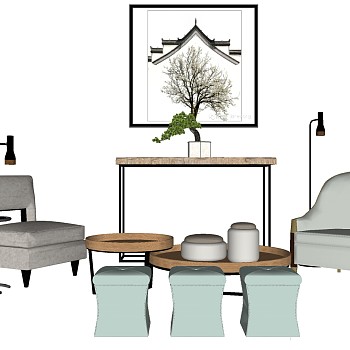 13新中式客厅沙发单人沙发椅子皮墩坐墩茶几盆景摆台落地灯边几sketchup草图模型下载