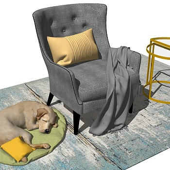 19简欧式现代单人休闲沙发椅子宠物狗边几sketchup草图模型下载