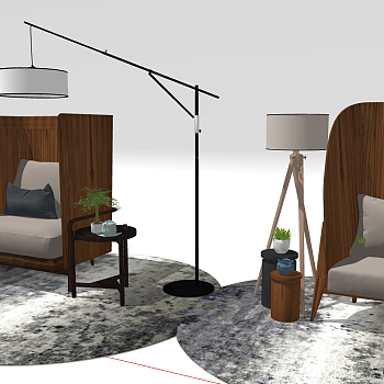 16新中式现代实木休闲沙发高靠背沙发边几落地灯sketchup草图模型下载