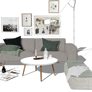 15北欧现代沙发茶几沙发凳落地灯挂画sketchup草图模型下载