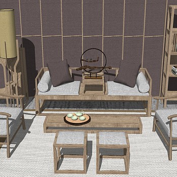 9新中式实木古典家具沙发茶几单人椅子书柜书架边柜装饰柜落地灯摆件sketchup草图模型下载