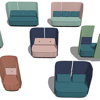 2现代高靠背沙发单人双人卡座sketchup草图模型下载