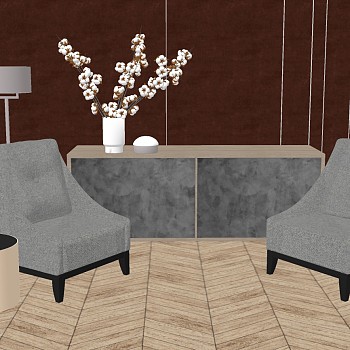 18新中式现代单人休闲沙发椅子电视柜花瓶sketchup草图模型下载