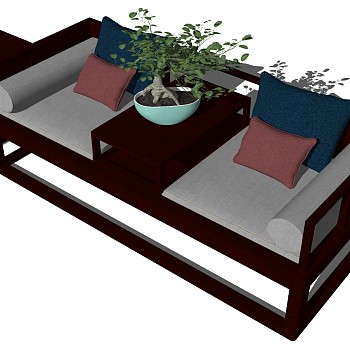 21新中式罗汉床双人沙发盆栽边柜组合sketchup草图模型下载