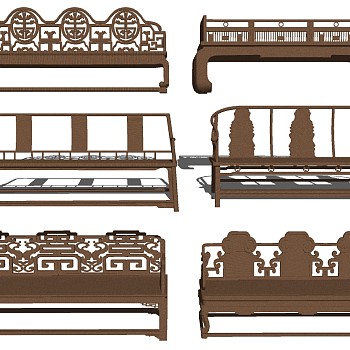20中式木制雕花罗汉床双人沙发组合sketchup草图模型下载