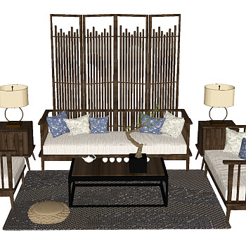 10新中式客厅实木单人沙发椅子双人沙发茶几摆件边柜屏风盆栽组合sketchup草图模型下载