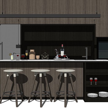 现代厨房吧台吧椅组合sketchup草图模型下载