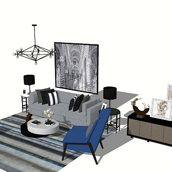 15简欧式新古典现代沙发单人沙发椅子电视柜sketchup草图模型下载