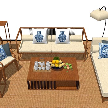 19新中式客厅实木家具双人沙发茶几边柜组合sketchup草图模型下载