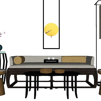 16新中式实木家具罗汉床双人沙发茶几落地灯组合sketchup草图模型下载