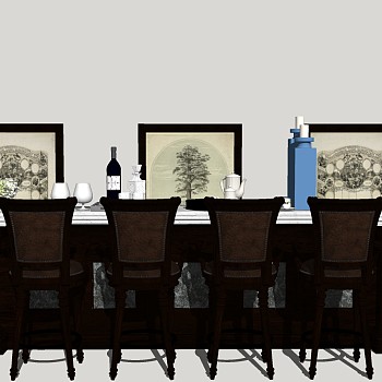 美式实木餐桌椅子摆件组合sketchup草图模型下载