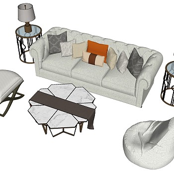 3简欧式客厅懒人沙发多人沙发茶几台灯sketchup草图模型下载