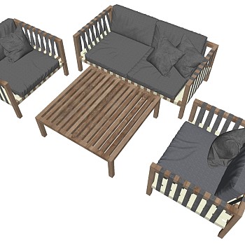 8现代室外户外休闲实木单人沙发椅双人沙发木制茶几组合sketchup草图模型下载