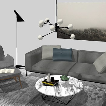 13北欧客厅单人沙发椅子双人沙发茶几摆件吊灯落地灯组合sketchup草图模型下载
