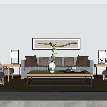 03新中式沙发茶几立体画台灯组合