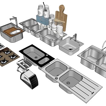 13洗菜盆燃气灶绞肉机调料菜板厨房用品组合SketchUp草图模型下载