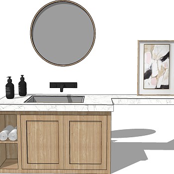 9现代北欧轻奢石材洗手台圆形镜子洗浴用品装饰画SketchUp草图模型下载