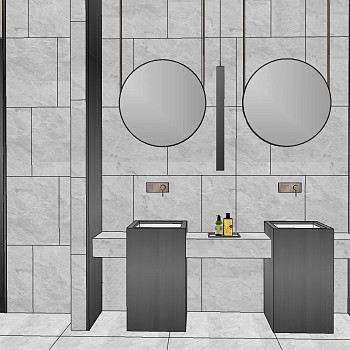 3现代北欧轻奢石材洗手台造型镜子镜前吊灯洗浴用品木制造型门壁挂龙头SketchUp草图模型下载