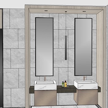 2现代北欧轻奢石材洗手台造型镜子镜前吊灯洗浴用品木制造型门SketchUp草图模型下载