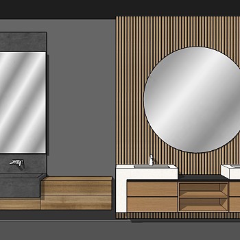 17现代轻奢北欧民宿艺术洗手台方形圆形镜子洗手盆SketchUp草图模型下载