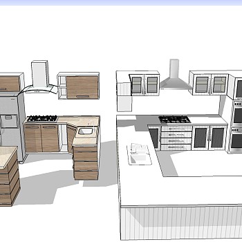 09现代北欧厨房空间冰箱整体橱柜sketchup草图模型下载