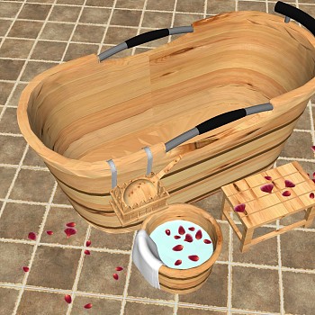 16田园东南亚木质浴缸木质洗脚盆木质水舀收纳盒木质凳花瓣SketchUp草图模型下载