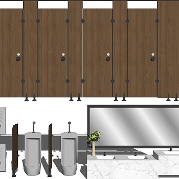 2现代北欧新中式公共卫生间蹲坑隔断小便斗装饰画烘手器方形墩布池感应器五金构件壁挂龙头洗手台蹲便方形镜子SketchUp草图模型下载