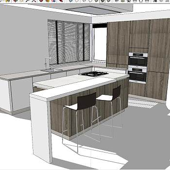 14现代北欧开敞式厨房中岛柜吧台吧椅sketchup草图模型下载