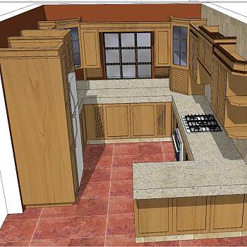 11现代美式乡村厨房整体橱柜空间sketchup草图模型下载